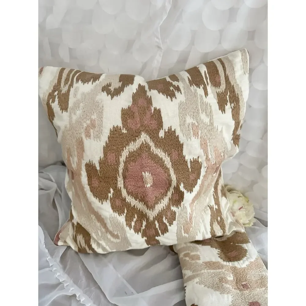 Williams Sonoma Istanbul Ikat Embroidered Accent Pillow Cover Coral Beige SET 2